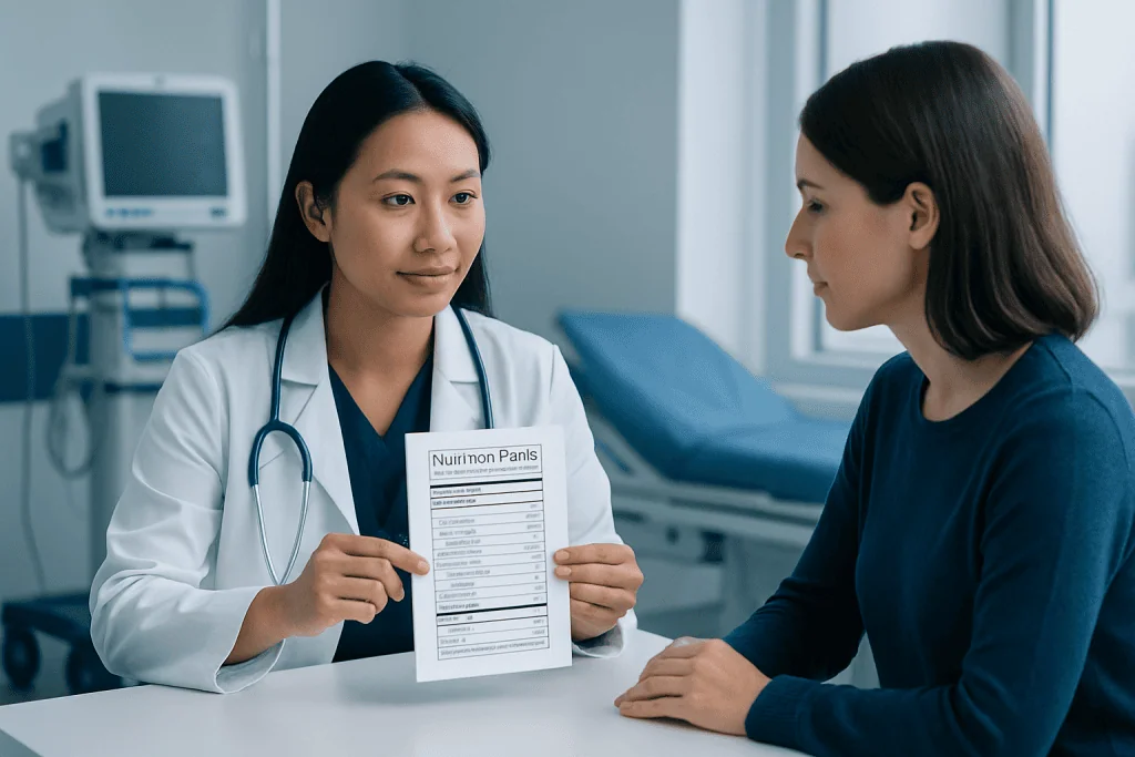 Doctor explains nutrition facts to patient in hospital setting.