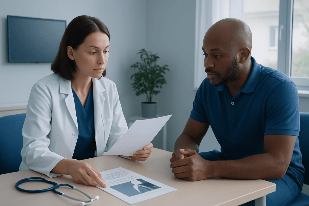 Doctor discussing treatment options with a patient in a medical office.