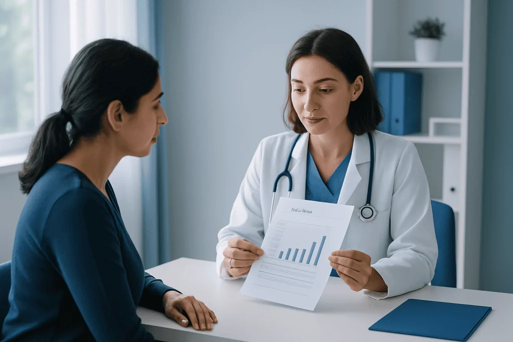 Doctor explaining blood test results to a patient in a medical office.