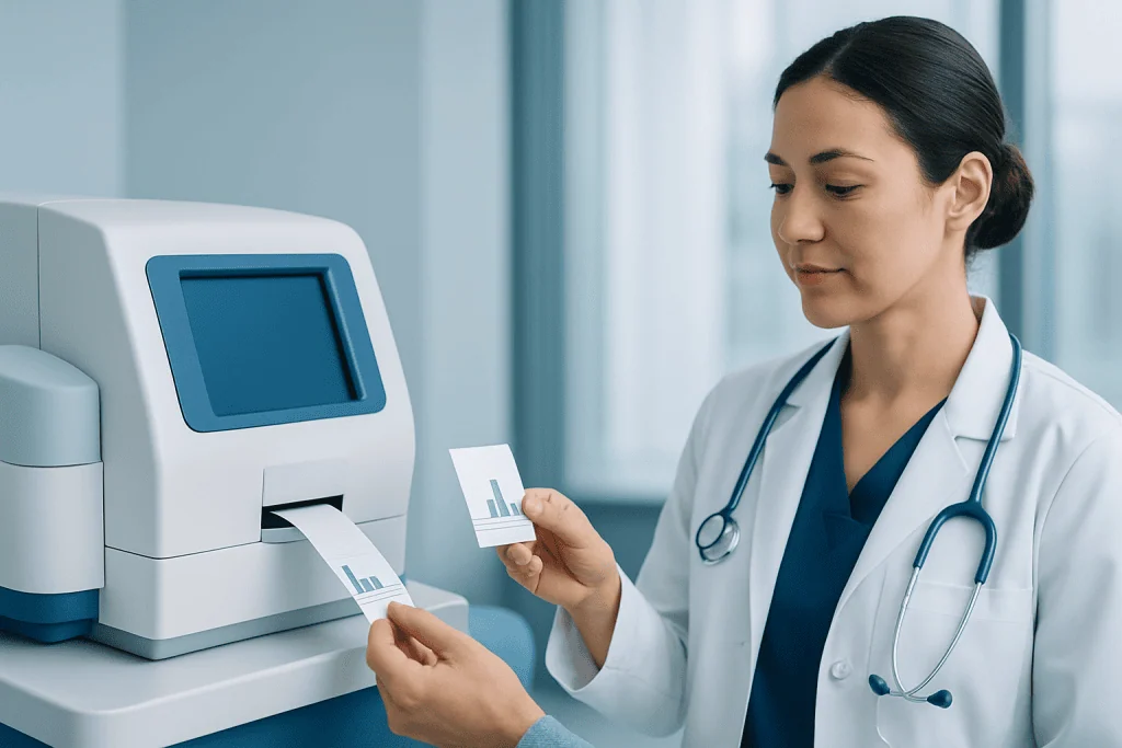 Medical professional analyzing A1C test results in a clinical setting.