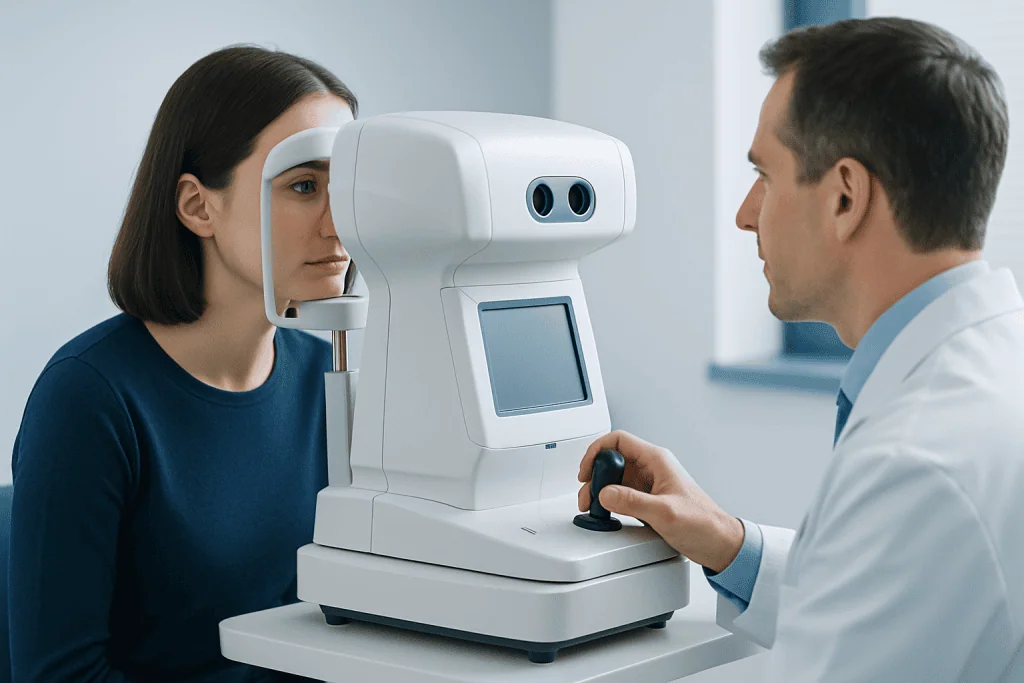 Optometrist performs eye exam using advanced equipment on patient.