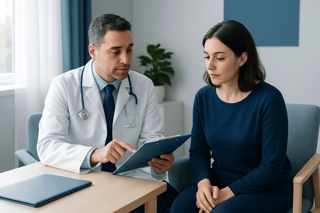 Doctor explaining surgery consent to a patient in a consultation room.