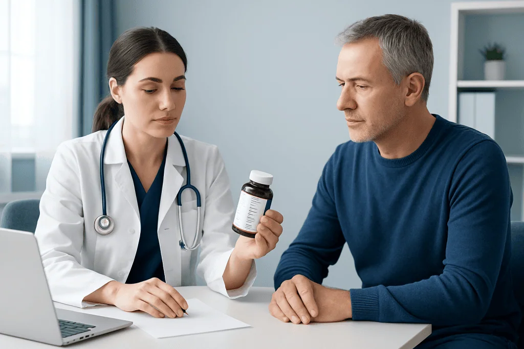 Doctor explaining medication to a patient in a clinical setting.