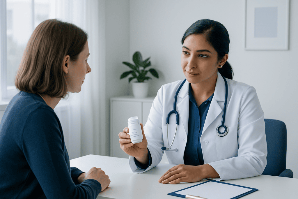 Doctor explaining medication label to patient in consultation room.