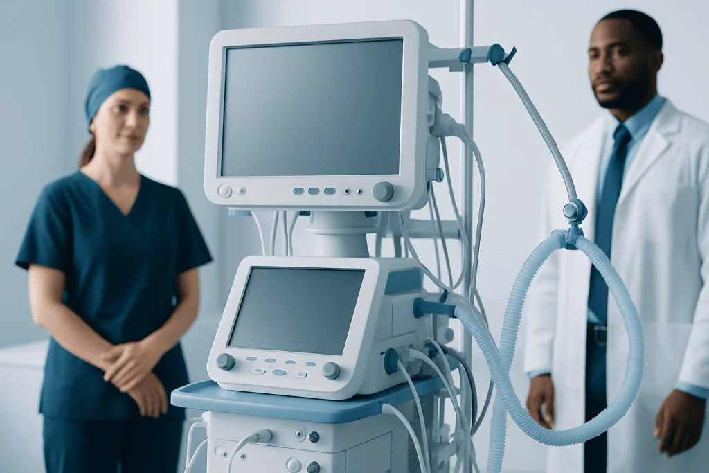 Medical professionals with ventilator equipment in a hospital setting.