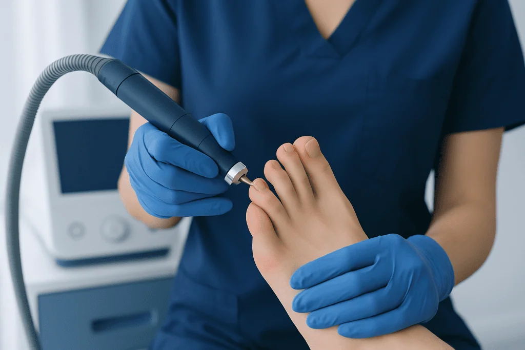 Podiatrist performing laser treatment on a patient's toe for corns.