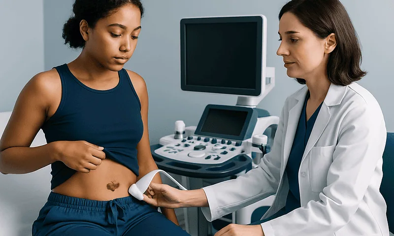 Doctor examining a young woman's abdomen with ultrasound device in clinic.