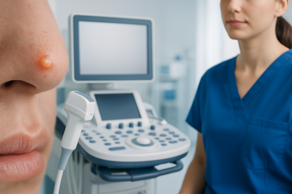 Close-up of a skin lesion being examined with ultrasound at Acibadem Hospital.