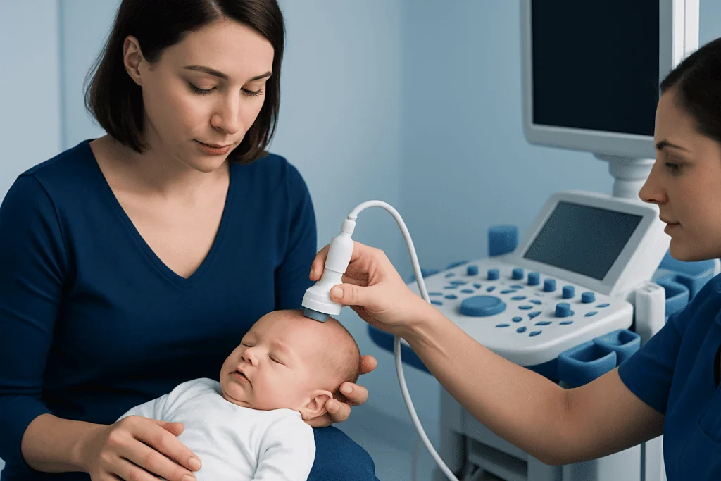 Pediatric ultrasound examination for sunken fontanelle assessment.