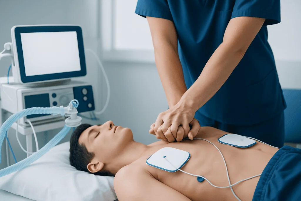 Medical professional performs CPR on a patient in a hospital setting.
