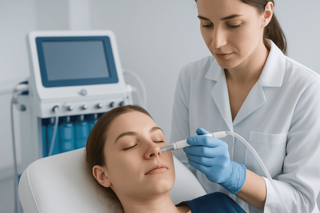 Dermatologist performing a facial treatment on a patient in a clinical setting.