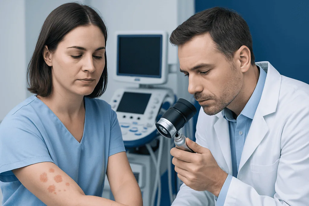 Doctor examining skin rash on patient's arm with microscope in clinic.