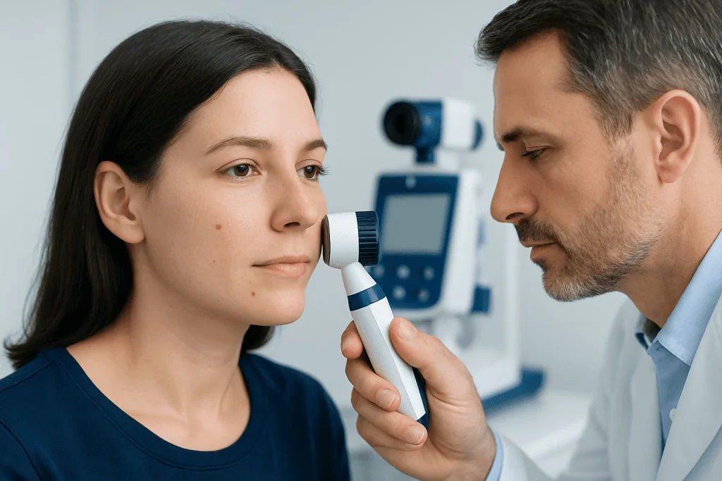 Dermatologist examining a mole on a woman's face with a dermatoscope.