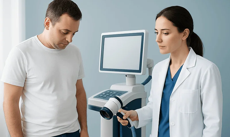 Doctor performing skin examination with a dermatoscope on male patient.