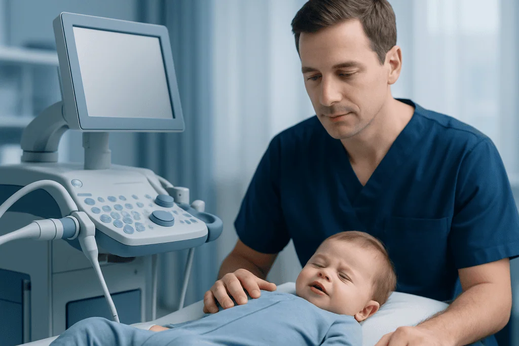 Pediatric doctor performing an ultrasound on a crying baby in a hospital.