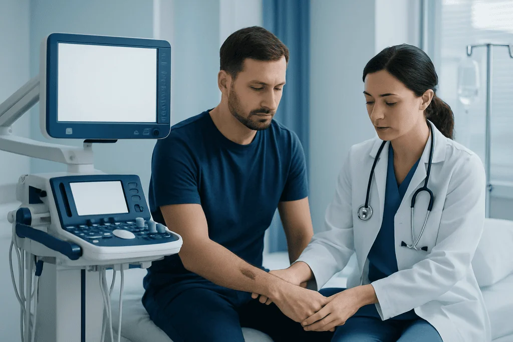 Doctor examining a patient in a hospital room with medical equipment nearby.