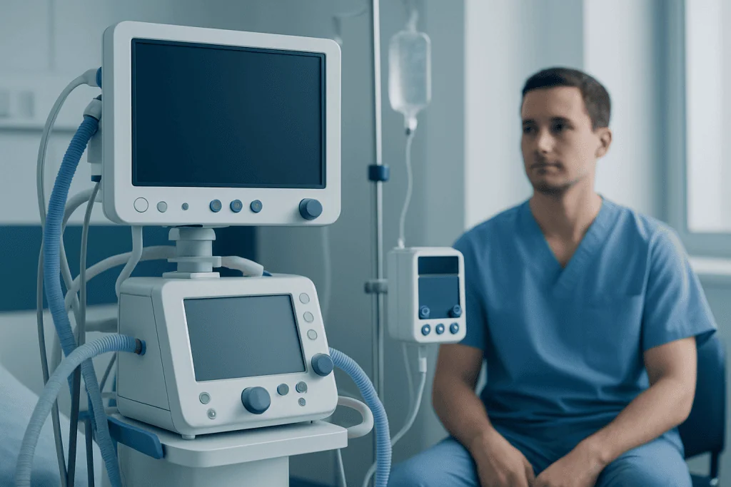 Medical professional in a hospital room with ventilator and monitoring equipment.