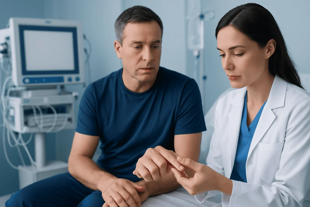 Doctor examining patient's fingernail in a medical clinic setting.