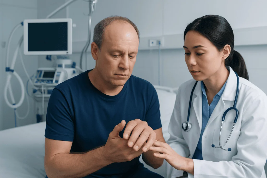 Doctor examining patient's hand for nail clubbing symptoms in hospital.