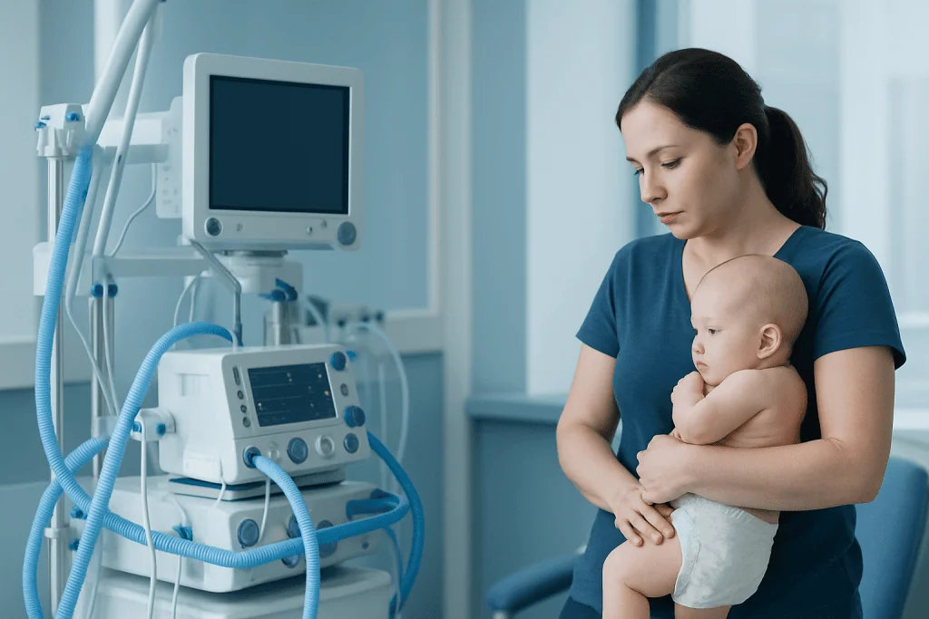 Yeast Diaper Rash Explained: Common Triggers and Red Flags 1 Pediatric nurse holding a baby in a hospital room with medical equipment.