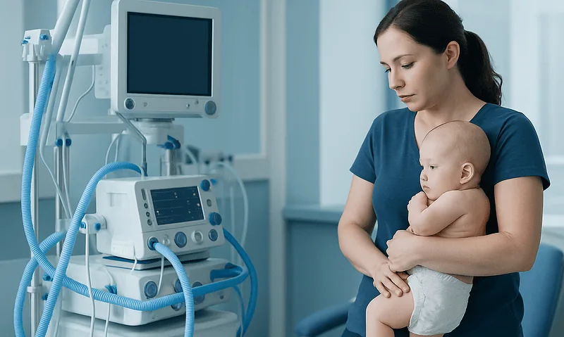 Pediatric nurse holding a baby in a hospital room with medical equipment.