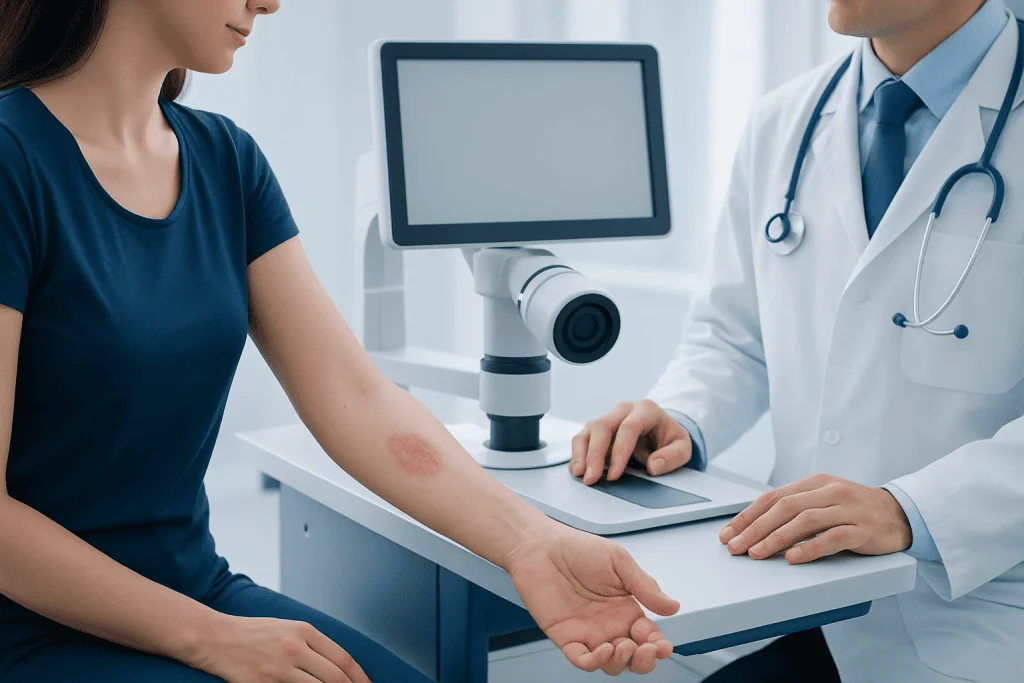 Doctor examining patient's dry skin on arm in a clinical setting.