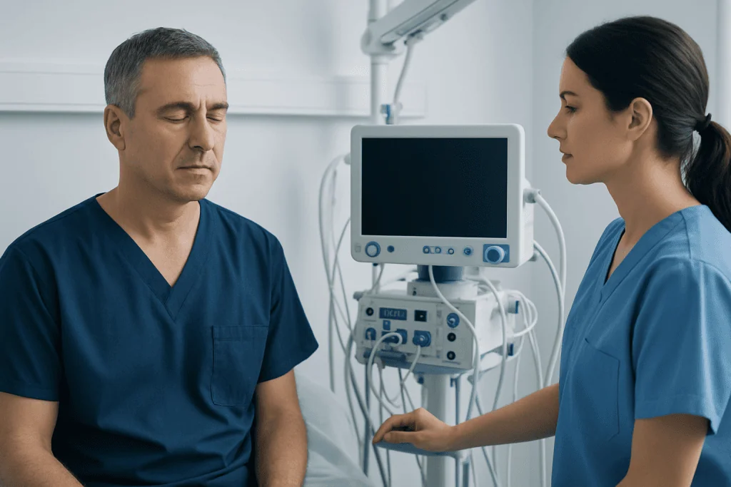 Medical consultation with a doctor and patient in a hospital room.
