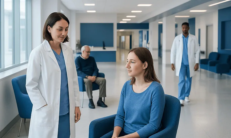 Medical consultation in a modern hospital with a female doctor and patient.