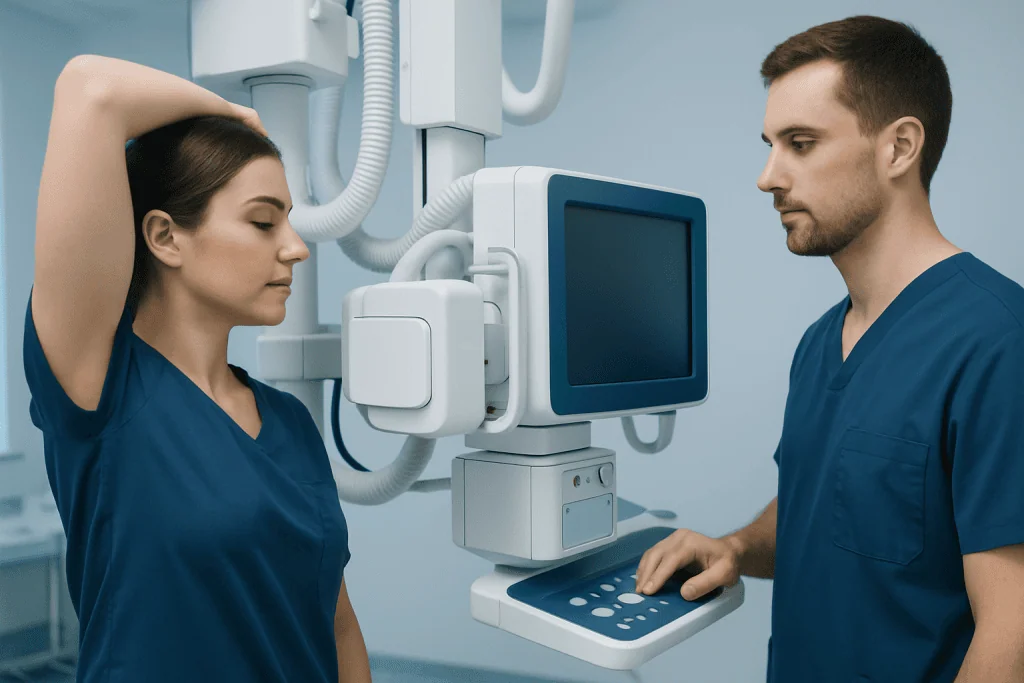 Medical professionals using X-ray machine at Acibadem Hospitals Group.