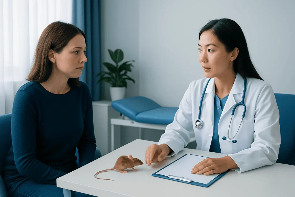 Doctor consulting with patient about mice infestation and health concerns.