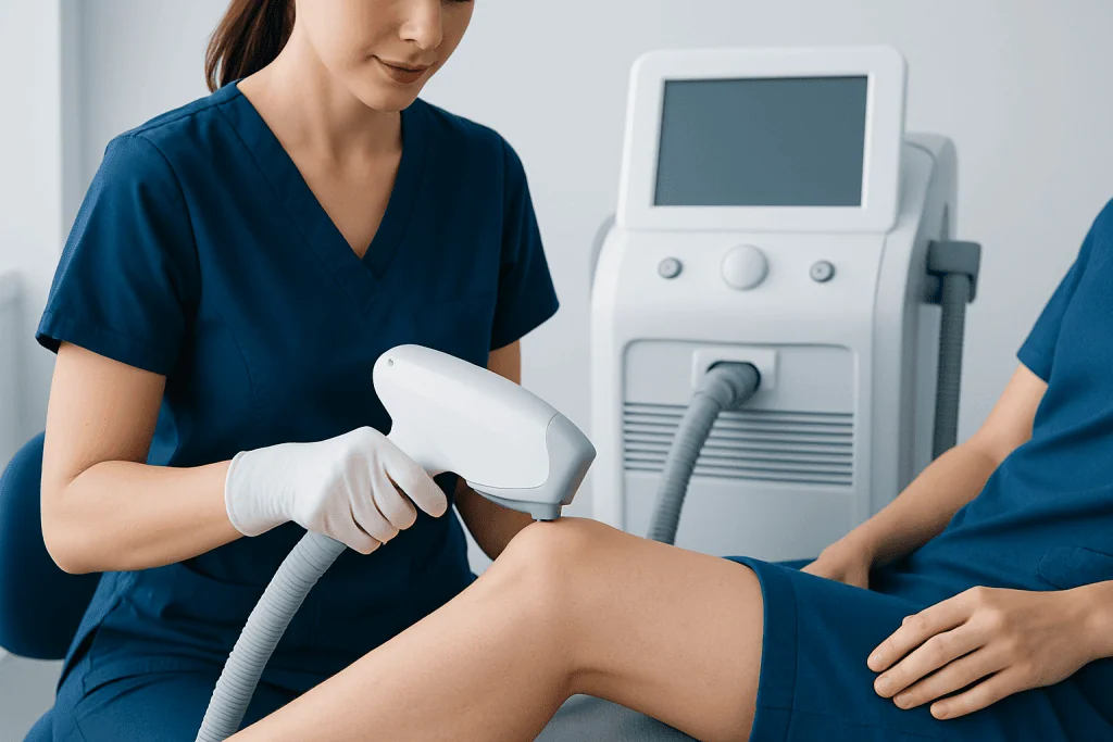 Medical professional performing laser hair removal on patient's leg at Acibadem Hospital.