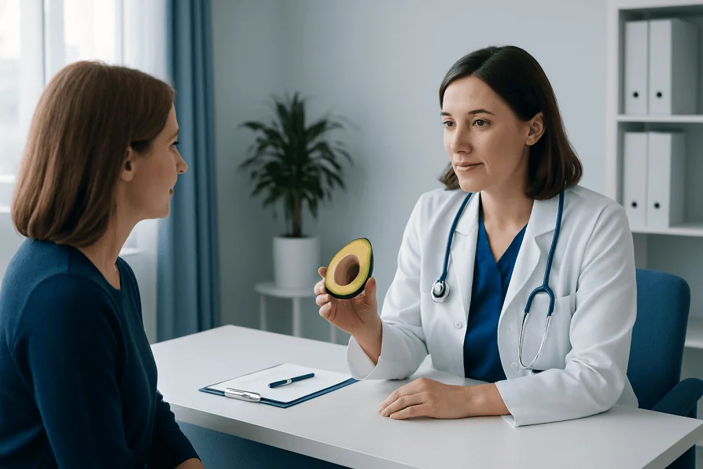 Doctor explaining health benefits of avocado to patient in clinic.