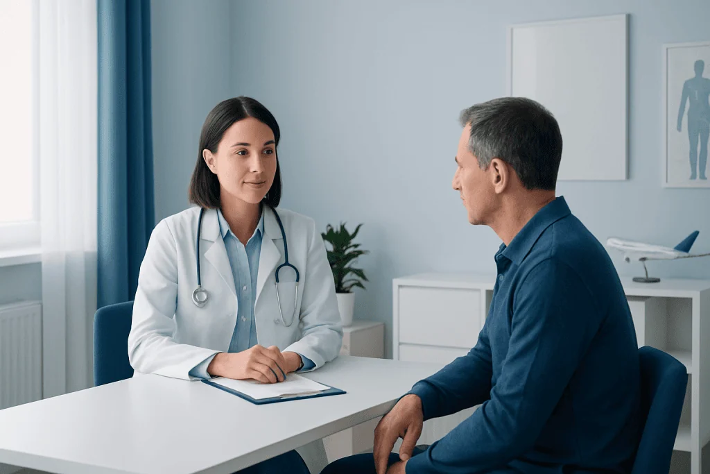 Doctor consulting with a patient in a modern medical office.