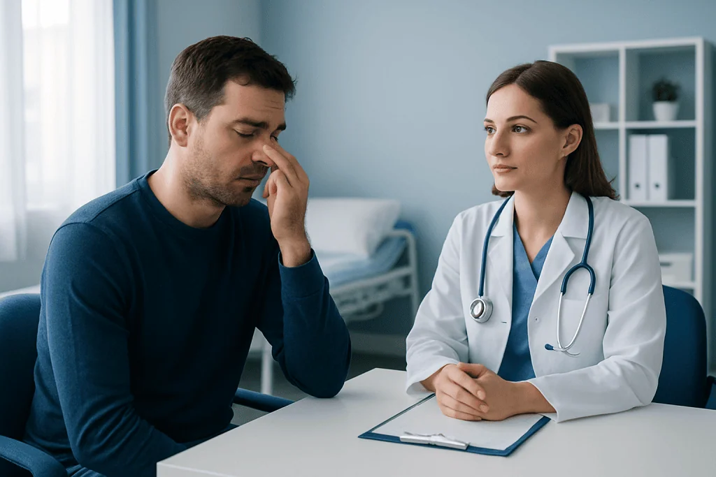 Man with blocked nose consulting doctor in a medical office.