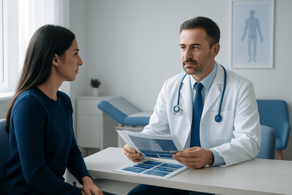 Doctor discussing test results with a patient in a medical office.