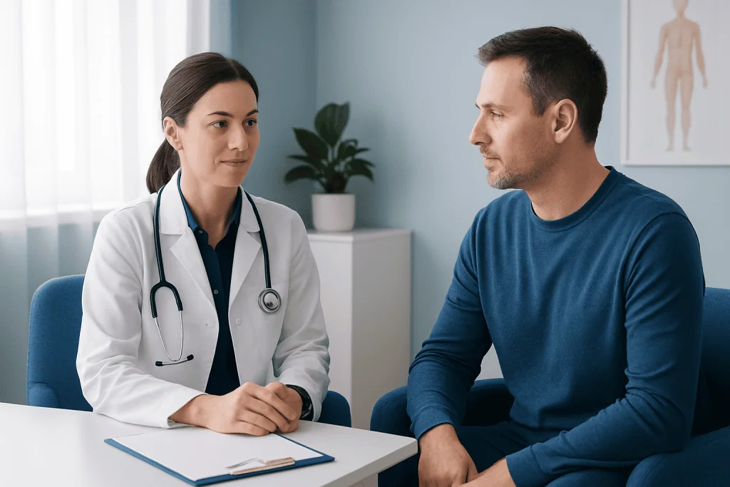 Doctor consulting patient in a medical office setting.