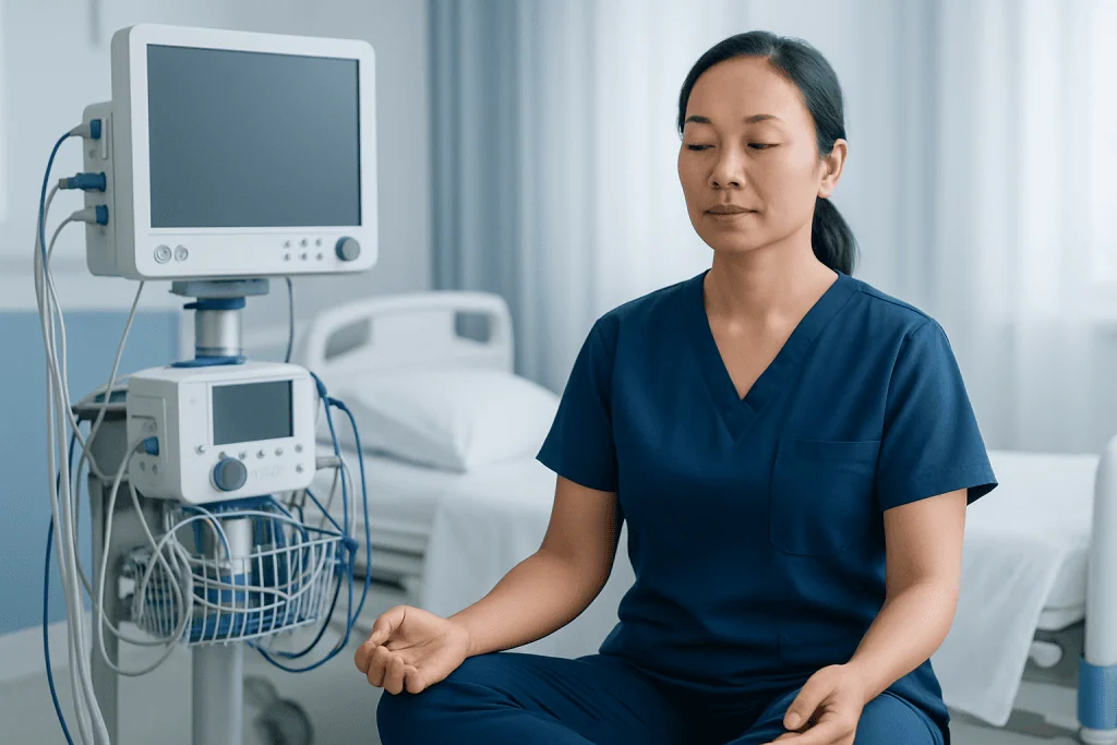 Healthcare professional meditating in hospital room with medical equipment nearby.
