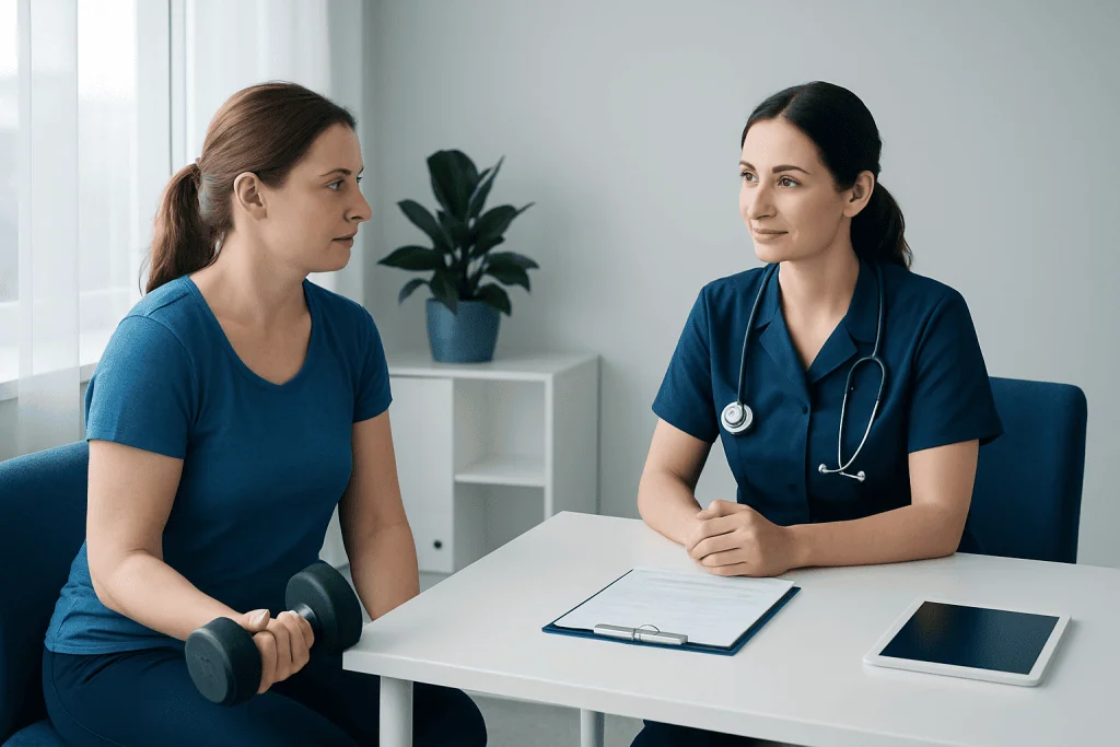 Patient consulting with healthcare professional about dumbbell exercises.