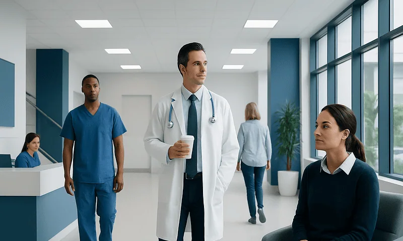 Medical professionals in a hospital corridor discussing patient care.