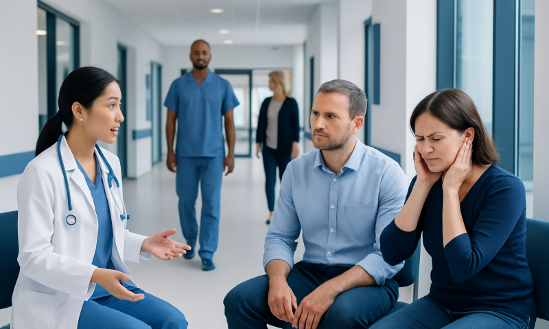 Doctor consulting with a woman patient about earache symptoms in hospital corridor.