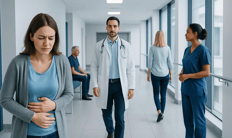 Patient experiencing stomach pain in hospital corridor with medical staff nearby.