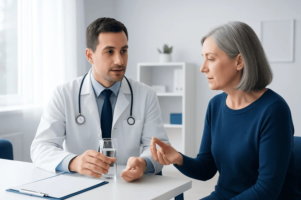 Doctor consulting with an elderly woman in a medical office.