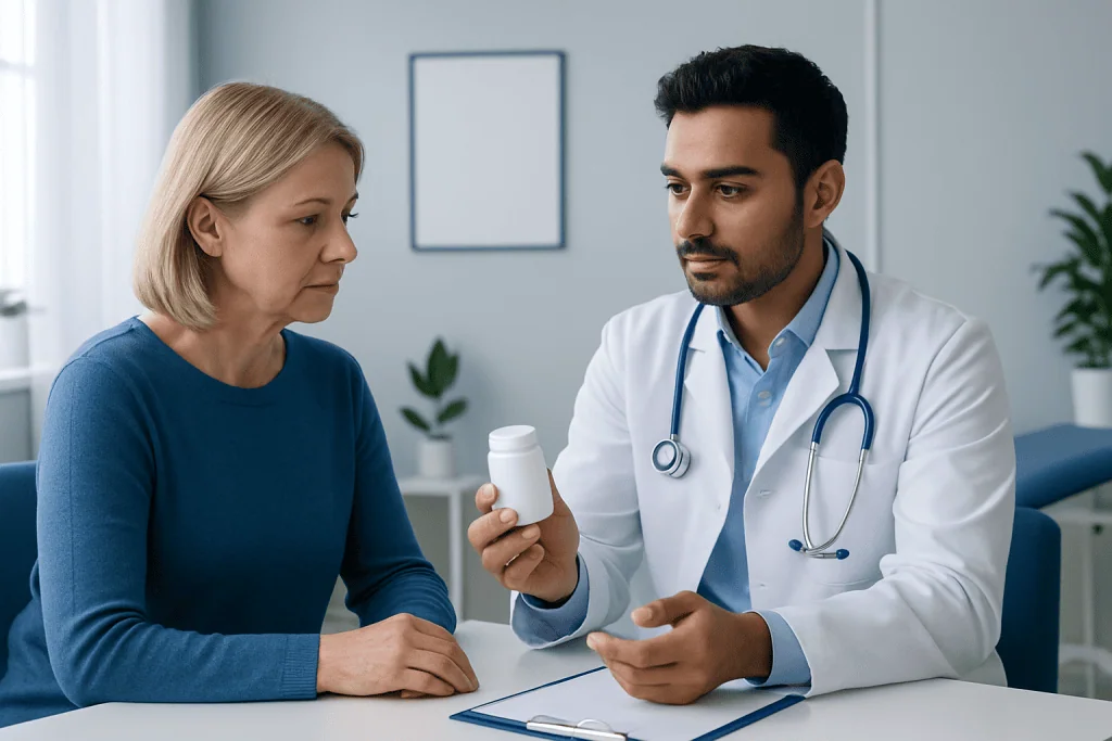Doctor explaining medication to a patient in a clinical setting.