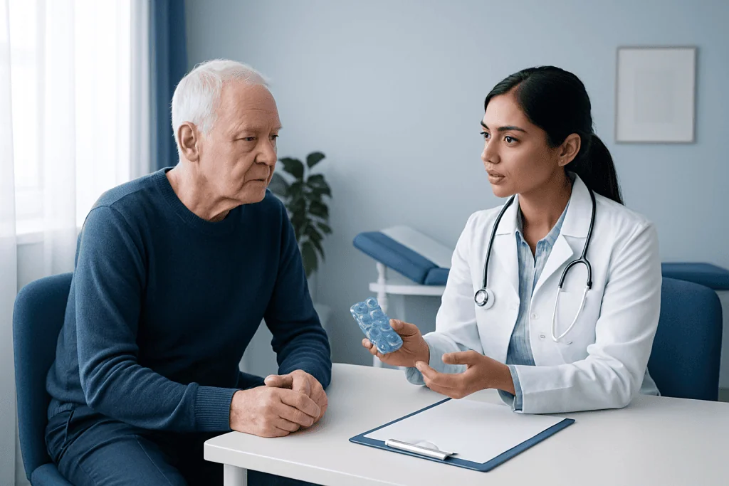 Doctor explaining medication to elderly patient in clinic setting.
