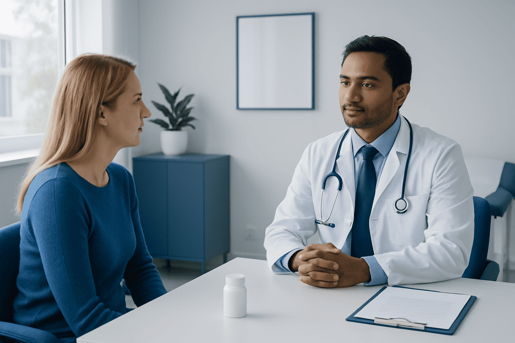 Doctor consulting with a female patient in a modern clinic setting.