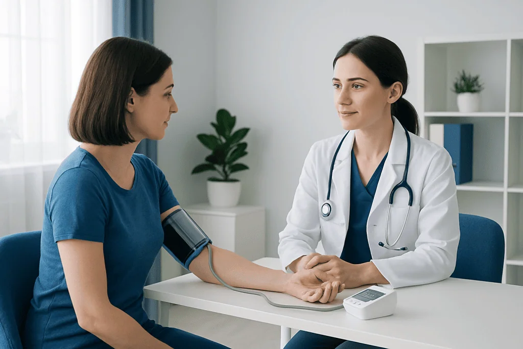 Doctor measuring patient's blood pressure in a clinical setting.
