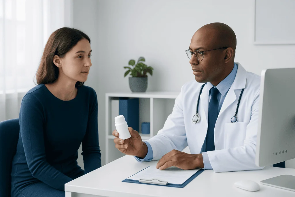 Doctor explaining medication to a patient in a clinic setting.