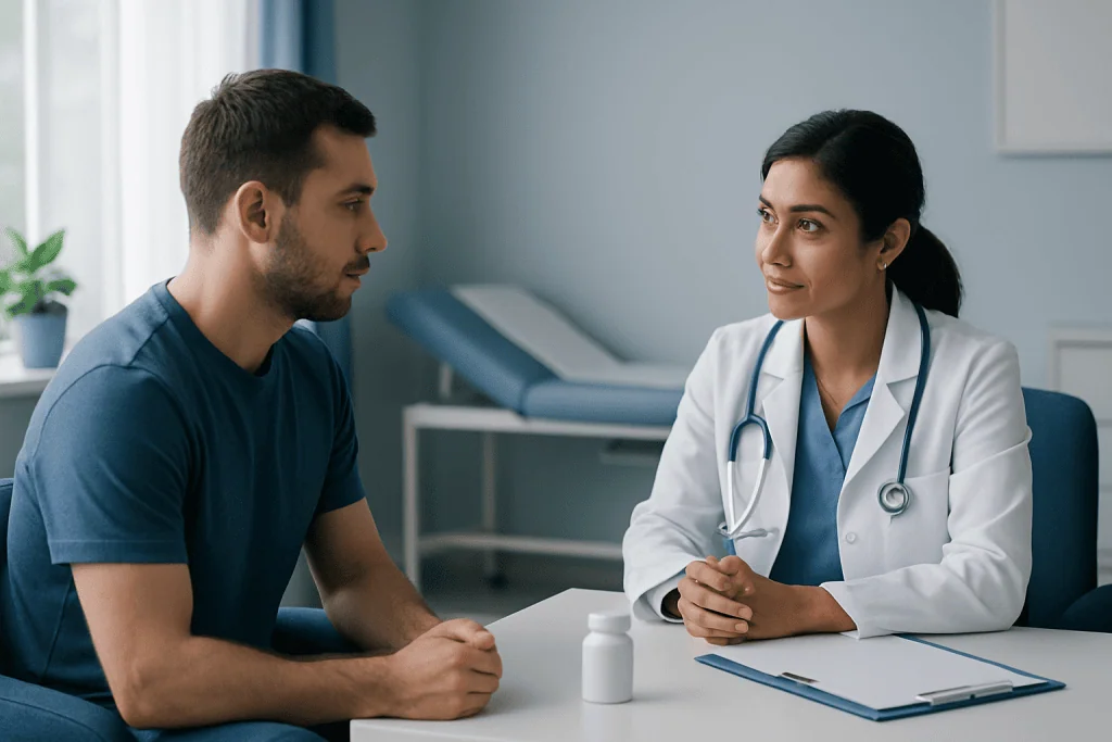 Doctor consulting with a patient in a modern clinic setting.