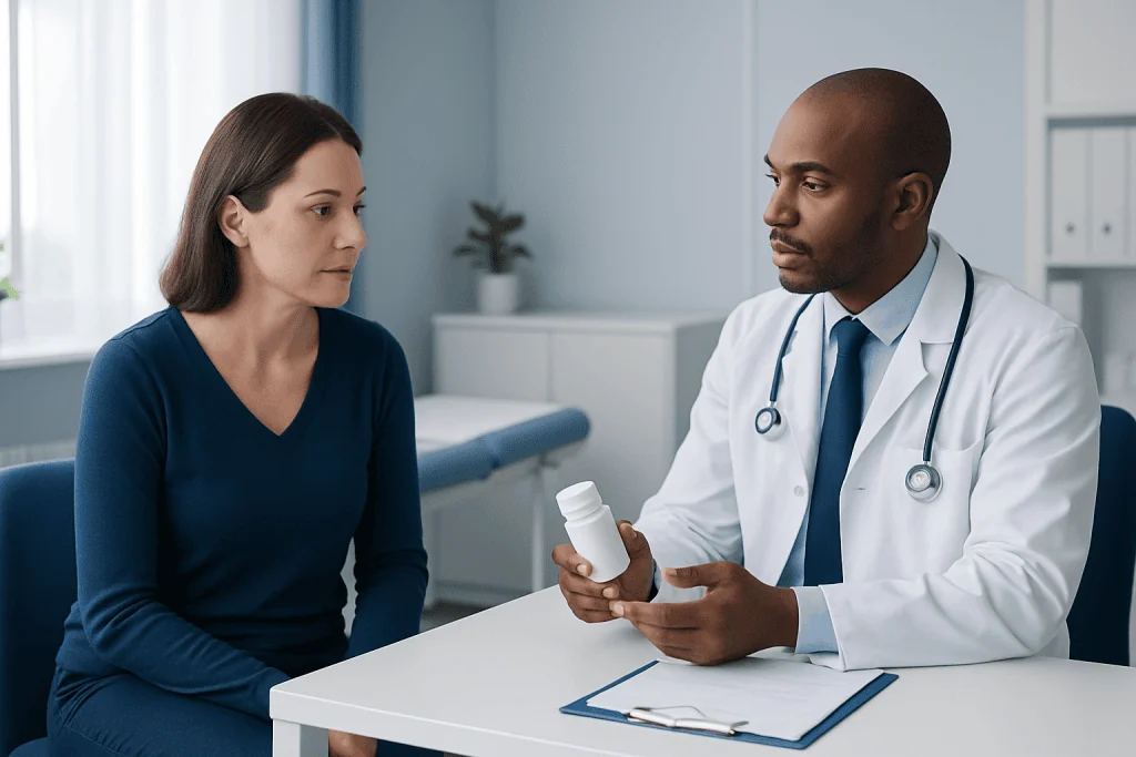 Doctor explaining medication to female patient in consultation room.