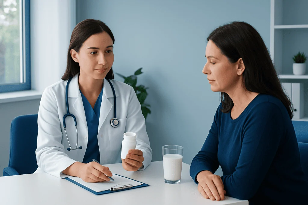 Doctor consulting with a patient about medication in a clinical setting.